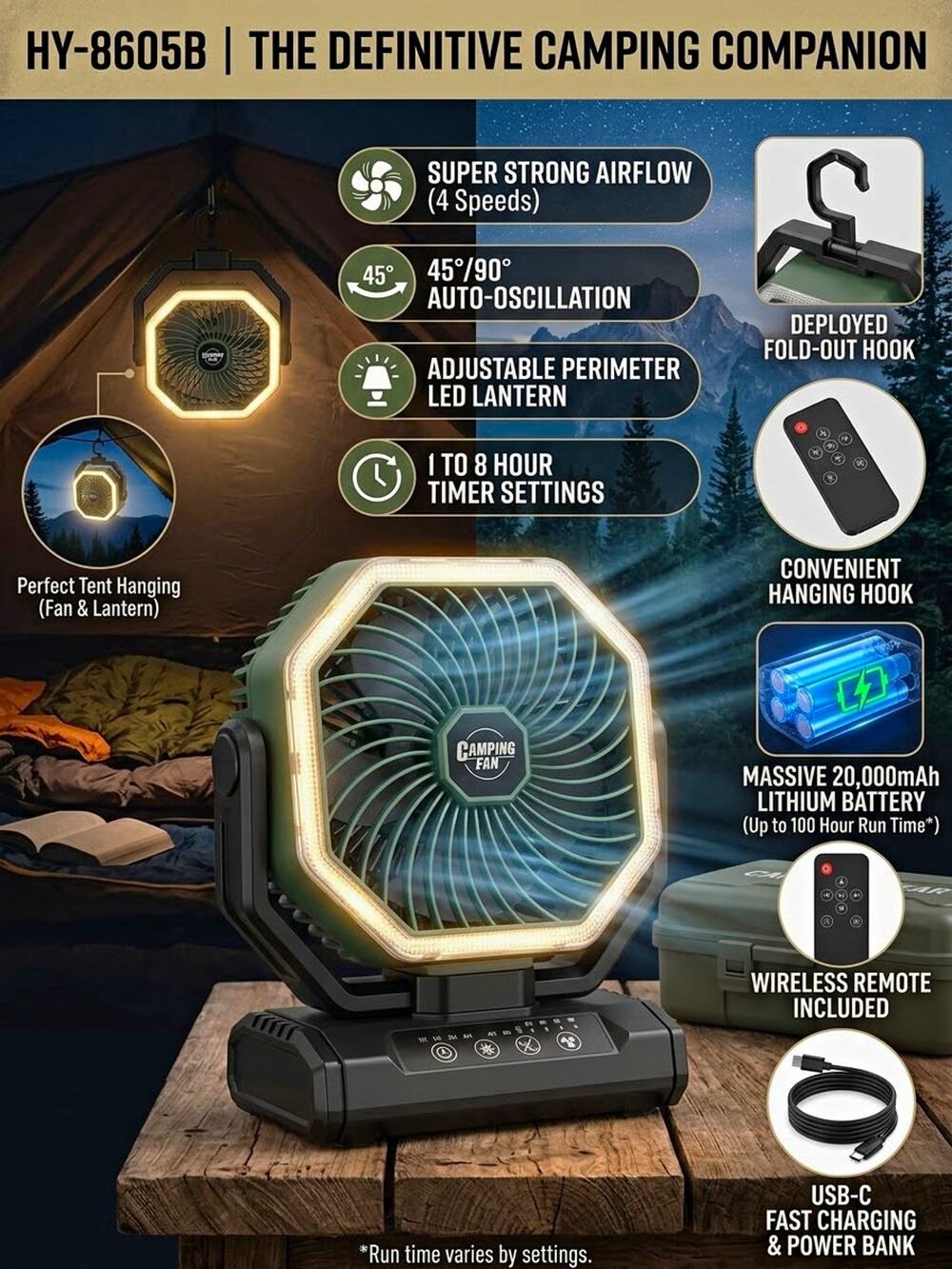Rechargeable Camping Fan with LED Lantern Remote Auto Oscillating Green HY-8605B